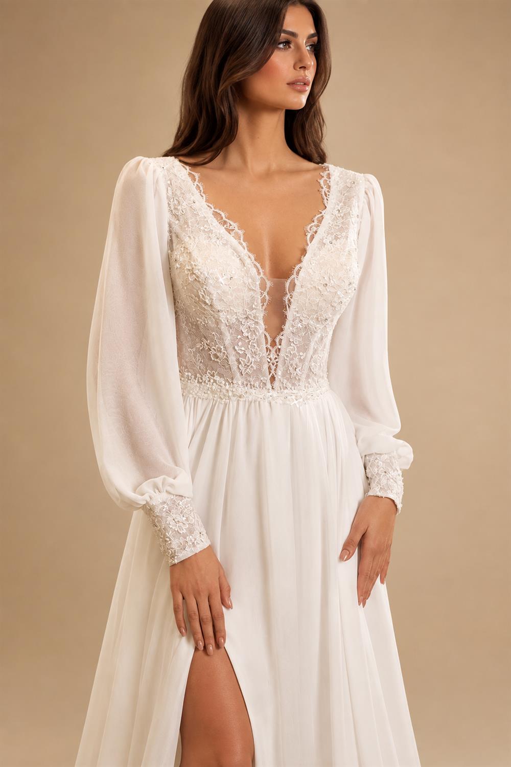 Chic Chiffon Beach Wedding Dress for Women V-neck Puff Sleeves A-line High Slit Vestidos De Novia Customized