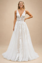 V-neck Lace Wedding Dress with Appliques Floor-Length A-Line Tulle Bridal Gowns Customized