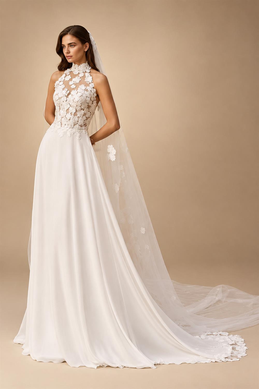 Bohemian Halter Chiffon A-Line Wedding Dress with Appliques Sleeveless Lace Backless Bridal Gowns Customized
