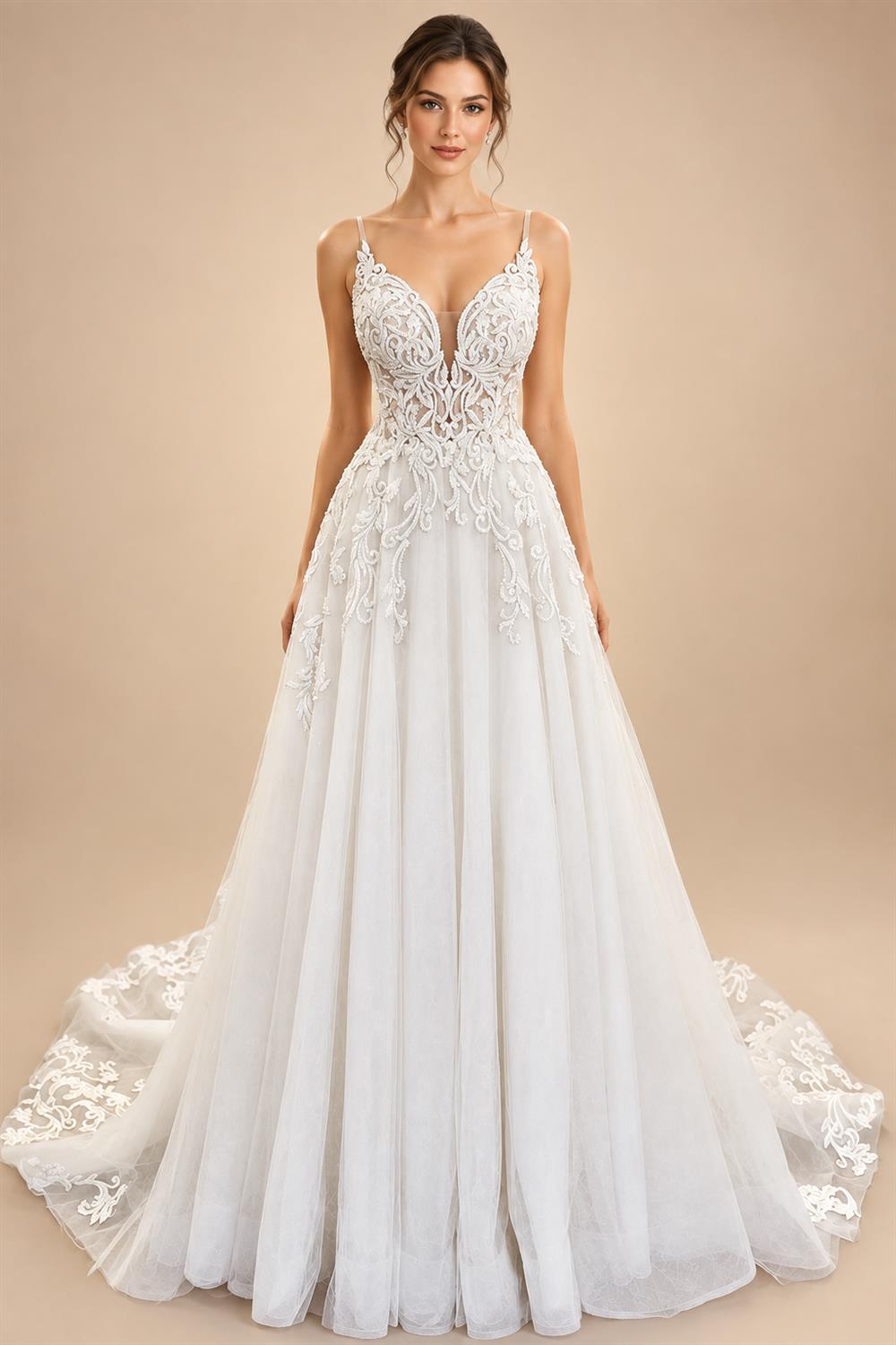 Plunging V Neck A-Line Lace Tulle Sleeveless Wedding Dress Lace Bridal Gown Boho Country Beach Princess Wedding Gown