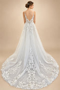 Plunging V Neck A-Line Lace Tulle Sleeveless Wedding Dress Lace Bridal Gown Boho Country Beach Princess Wedding Gown