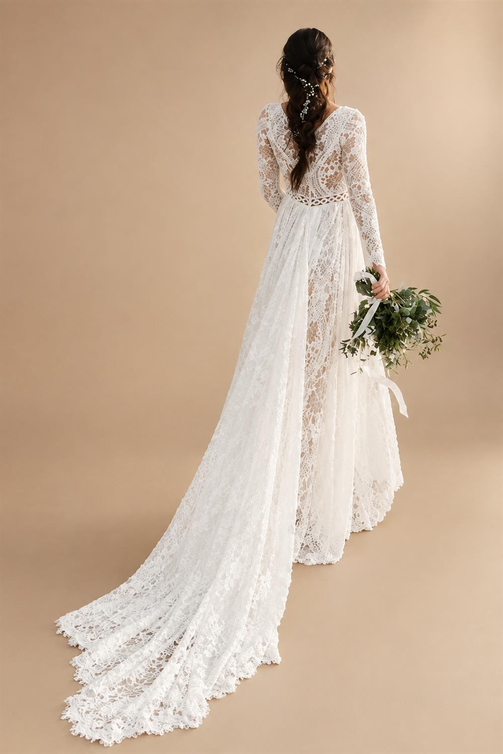 Boho A-Line V-neck Long Sleeve Chiffon Lace Wedding Dress Split Front Backless Button Appliques Bridal Go Customized