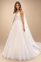 Spaghetti Straps V Neck Wedding Dresses for Bride Boho A-Line Tulle Bridal Dresses Court Train Customized