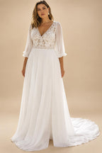 Chiffon Wedding Dresses Plus Size V Neck 3/4 Sleeves Bride Gowns Appliques Floor Length A-Line Vestido Customized