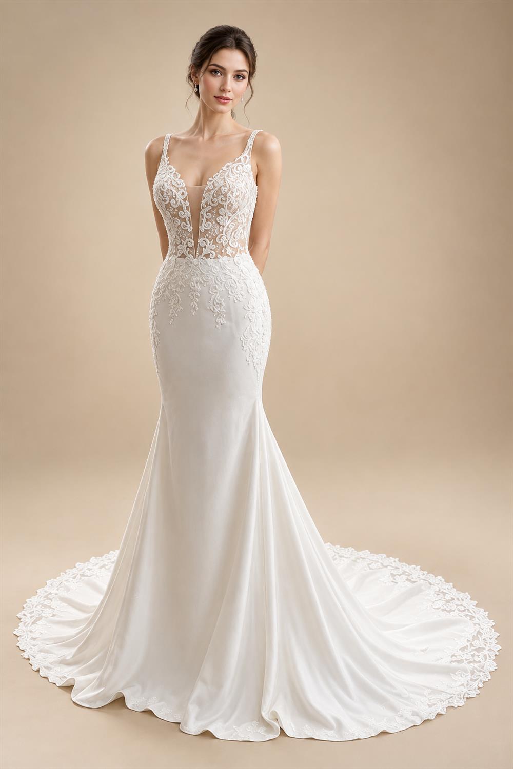 Scoop-neck Ruched Wedding Gown with Shawel Charming Mermaid Lace Appliques Spaghetti Strap Bridal Dresses Customized