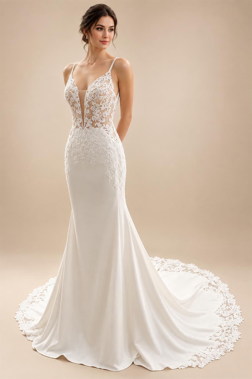 Scoop-neck Ruched Wedding Gown with Shawel Charming Mermaid Lace Appliques Spaghetti Strap Bridal Dresses Customized