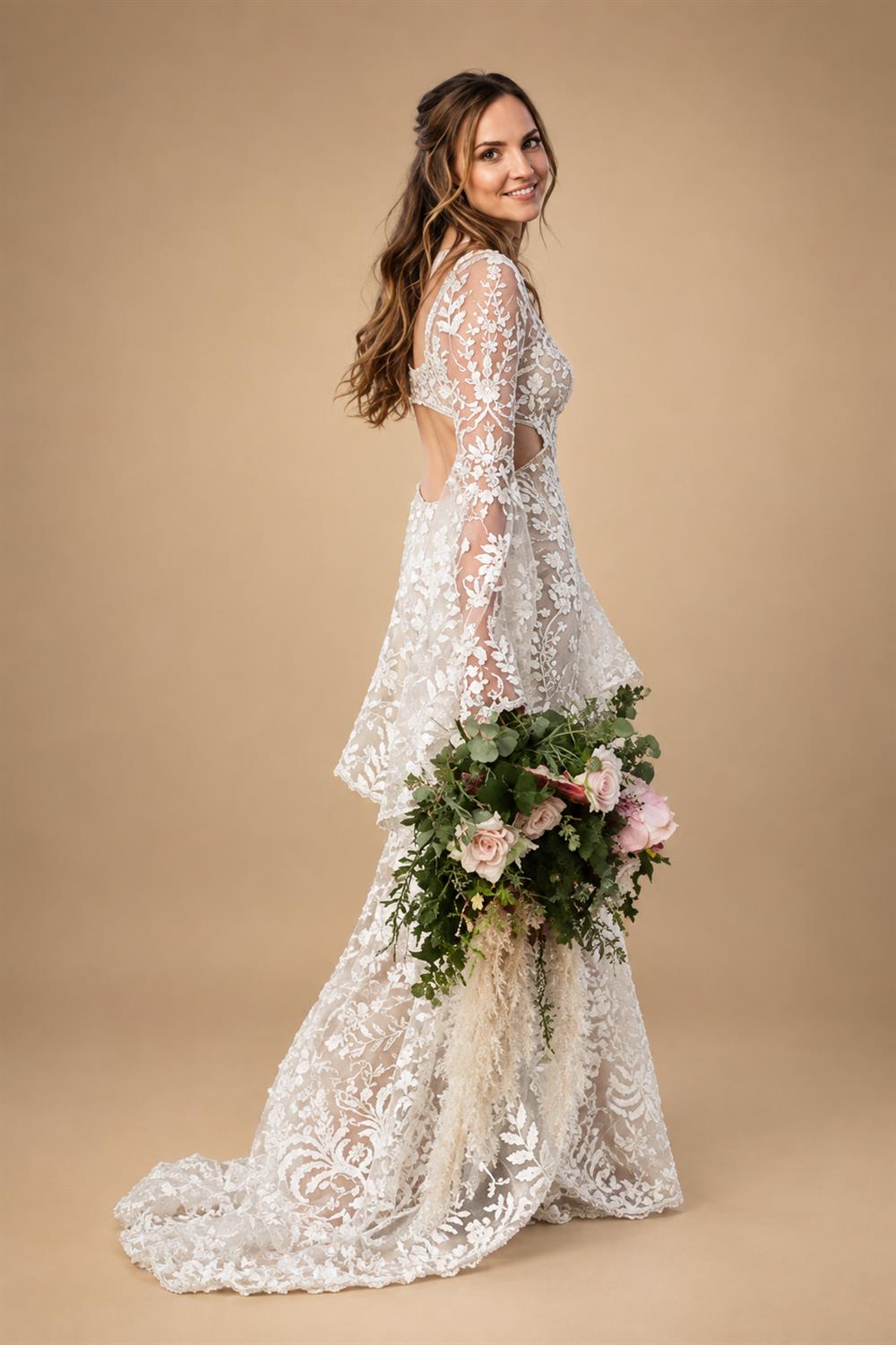 Sexy Women Beach Bohemian Wedding Dresses 3/4 Sleeves Civil Chiffon Long Boho Bridal Gowns Open Back Customized