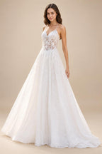 Mophiel Boho Wedding Dresses Spaghetti Straps Lace Appliques Tulle Bride Dress A-line Corset Pearl Bridal Gown