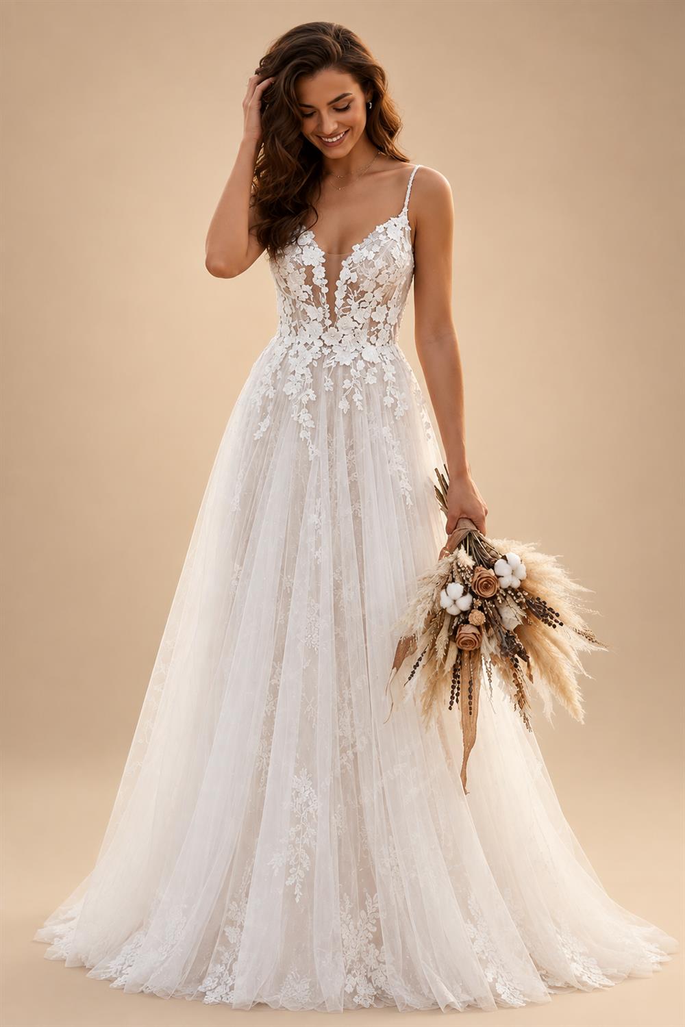 Sexy V-neck Lace A-line Wedding Dresses Spaghetti Strap Appliques Floor Length Tulle Bridal Gown Customized