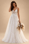 Sexy V-neck Lace A-line Wedding Dresses Spaghetti Strap Appliques Floor Length Tulle Bridal Gown Customized