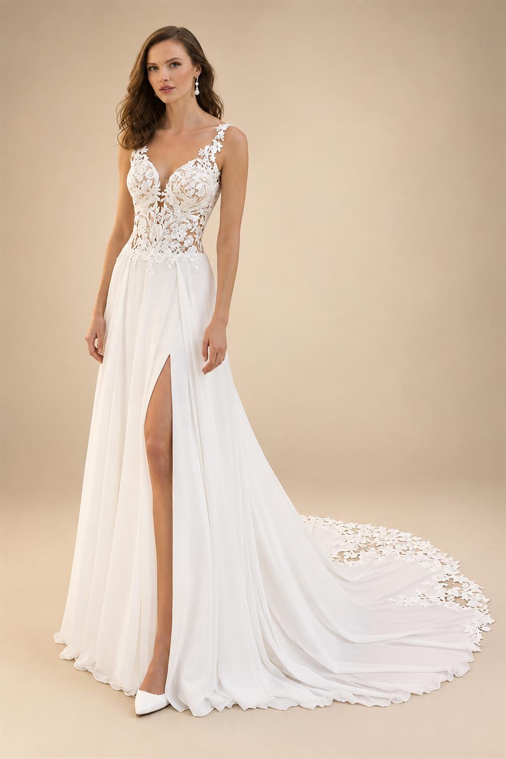 A-Line Split Chiffon Illusion Bodice Customized Beach Wedding Dresses for Women Appliques Summer Boho Bride Dress