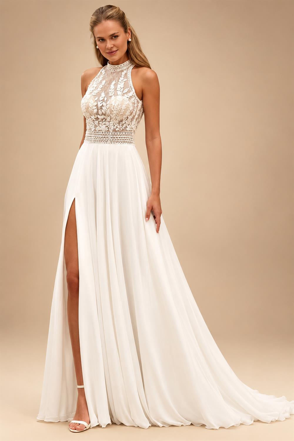 Simple V-Neck Chiffon Wedding Dress Sexy Side Slit A-Line Pleat Bridal Long Sleeves Open Back Bohemia Customized