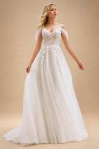 Tulle A-line Spaghetti Straps Wedding Dress Classic Button Back Off the Shoulder V-neck Tulle Bridal Dres Customized