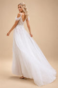 Tulle A-line Spaghetti Straps Wedding Dress Classic Button Back Off the Shoulder V-neck Tulle Bridal Dres Customized