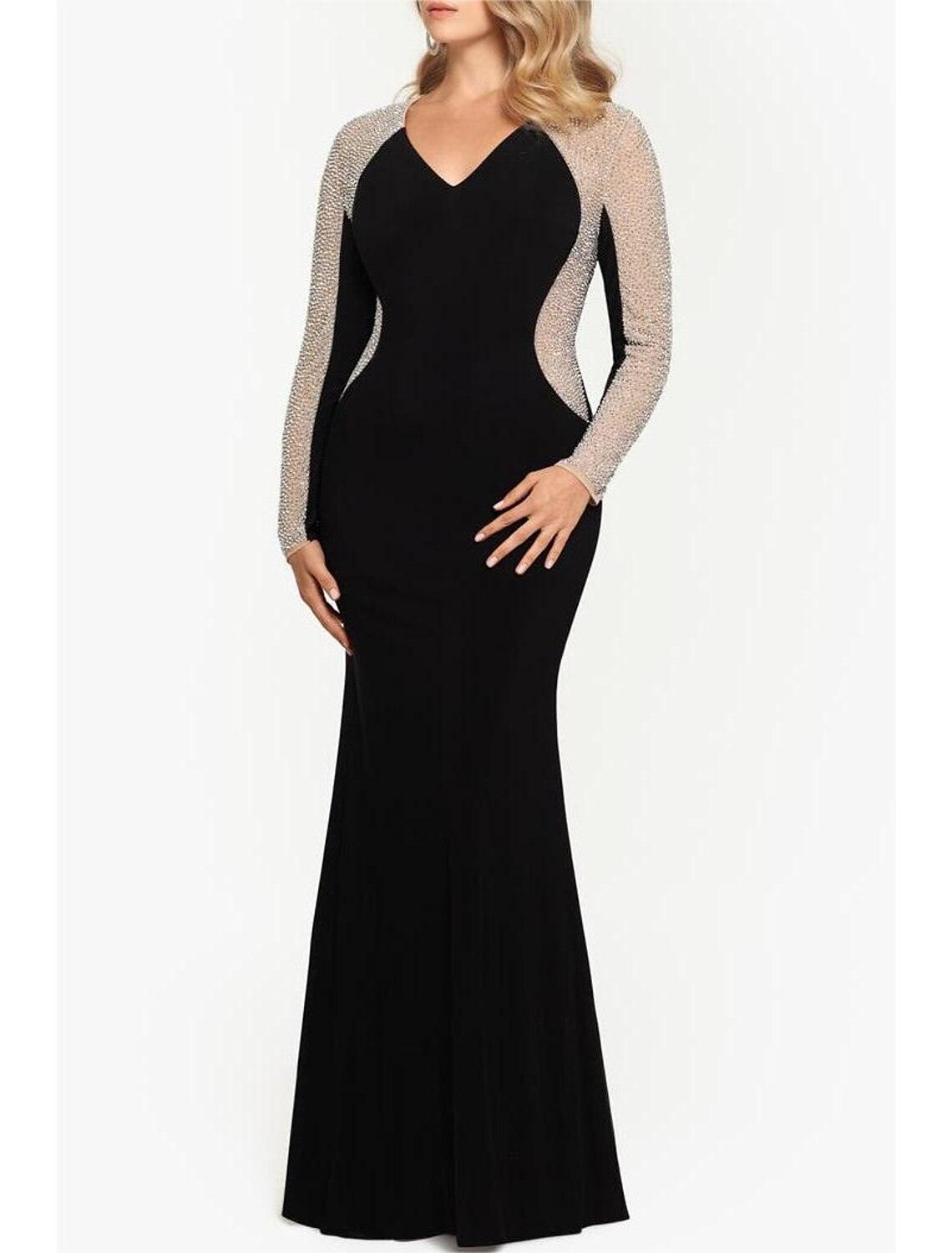 Vestido sereia/trompete para mãe da noiva, convidada de casamento, vintage, luxuoso, com brilho e decote em V, comprimento até ao chão, veludo, manga comprida com cristais