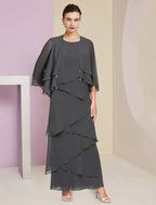 Vestido tubinho/coluna para mãe da noiva, convidada formal para casamento, elegante, decote redondo, comprimento até ao tornozelo, chiffon, sem mangas, com folhos em cascata