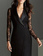 Vestido sereia/trompete para mãe da noiva, convidada de casamento no outono, elegante, com racha alta, decote em V, comprimento até ao chão, tecido elástico de renda, manga comprida com aplicações, racha frontal