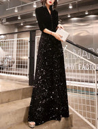 Vestido tubinho/coluna para mãe da noiva, festa de casamento, brilho e cintilante, pequeno, decote em V, comprimento até ao chão, veludo com lantejoulas, meia manga e botões