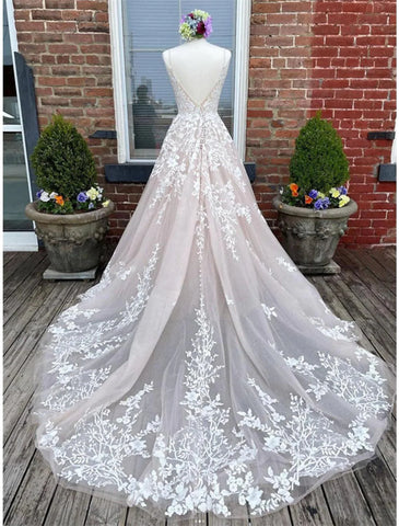 Verlobungs-Brautkleider in Farbe, formelle Brautkleider, Kapellenschleppe, A-Linie, ärmellos, Spaghettiträger, Spitze mit Knöpfen und Applikationen