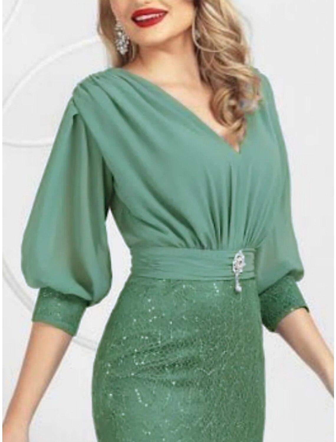 Vestido de mãe da noiva com bainha/coluna, elegante, para festa de casamento, decote em V, comprimento até ao joelho, chiffon, renda, meia manga, com lantejoulas, frente aberta, pregadeira de cristal