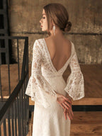 NumberSea Boho Rustic Country Long Lace Wedding Dress with Ling Sleeves, Fitted Wedding Dress with Train, Bohemian Wedding Dress Lace