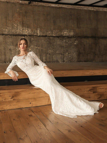 NumberSea Boho Rustic Country Long Lace Wedding Dress with Ling Sleeves, Fitted Wedding Dress with Train, Bohemian Wedding Dress Lace