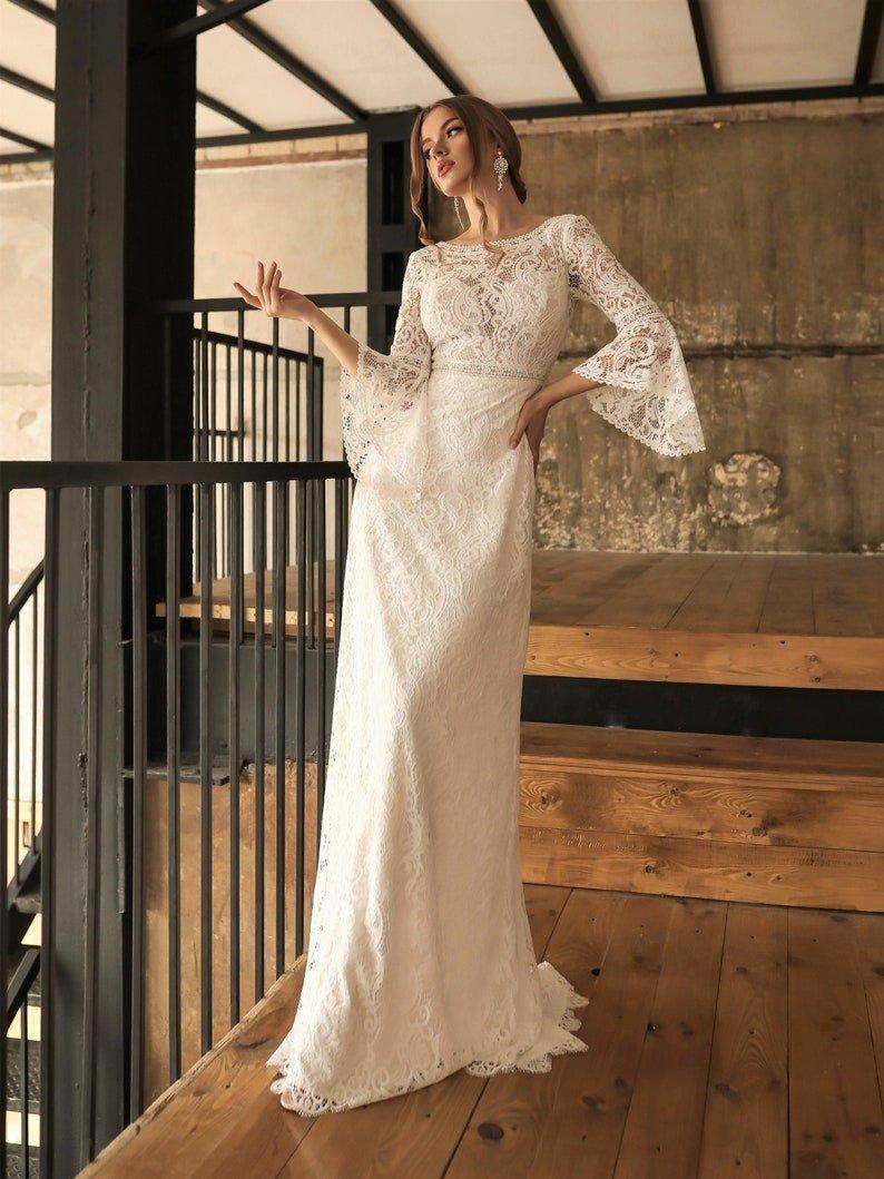 NumberSea Boho Rustic Country Long Lace Wedding Dress with Ling Sleeves, Fitted Wedding Dress with Train, Bohemian Wedding Dress Lace
