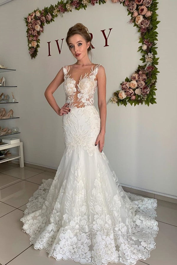 Illusion-Ausschnitt Spitzenärmelloses Meerjungfrauen-Brautkleid