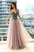 Abito da Sera/Prom con Scollo Tondo Illusion, Appliques e Perline PG811
