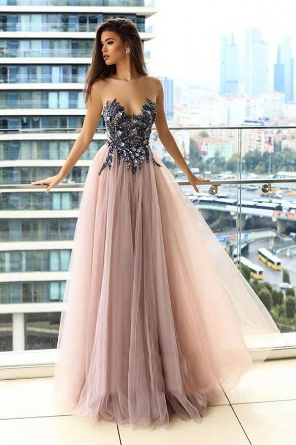 Illusion Round Neck Blush Prom/Evening Dress with Appliques Beading PG811