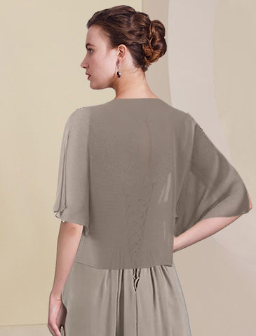 Zweiteiliges A-Linien-Kleid für die Mutter der Braut, formelle Hochzeitsgäste, eleganter High-Low-V-Ausschnitt, asymmetrische knielange Chiffon-Spitze, halbe Ärmel, Wickelkleid inklusive gerüschter Applikationen