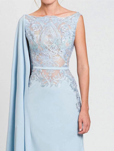 Meerjungfrau/Trompete Kleid für die Mutter der Braut, formelle Hochzeitsgastparty, elegant, Schmuckhals, Hofschleppe, Chiffon, Spitze, ärmellos, mit Schärpe/Bandapplikationen