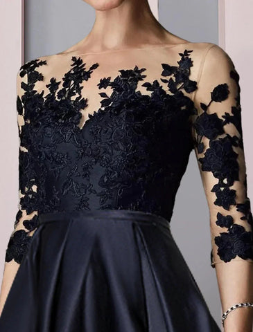 Kleid für die Mutter der Braut, Hochzeitsgast, elegant, hoch, tief, U-Ausschnitt, asymmetrisch, knielang, Satin, Spitze, 3/4-Ärmel mit Falten