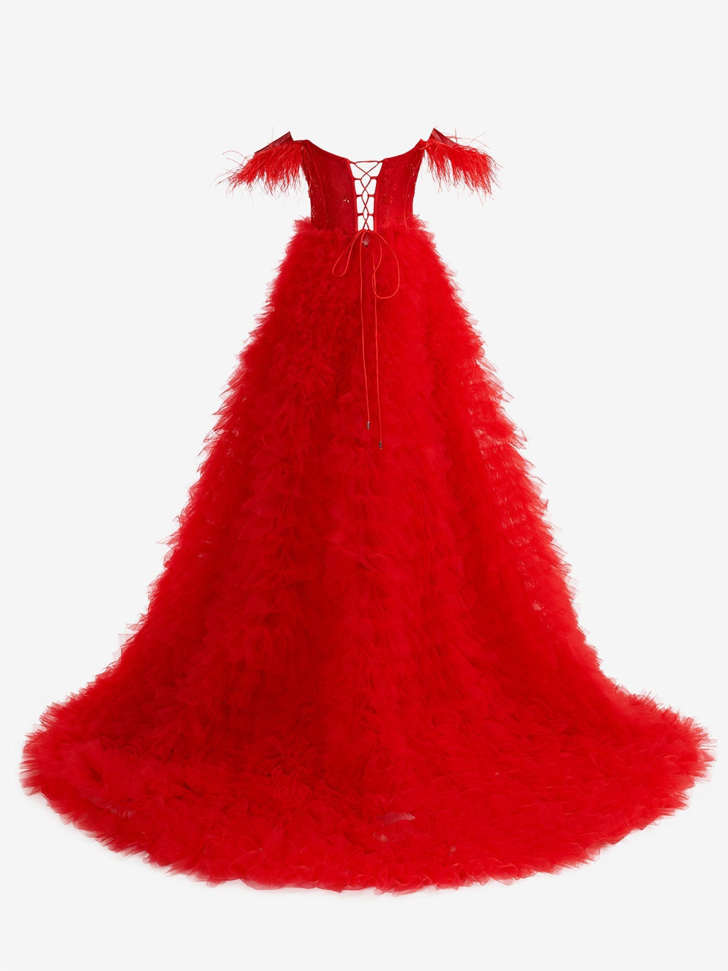 Ingrid | Vestido de festa comprido vermelho com corte em A e decote em coração em tule e racha