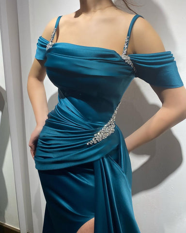 Long Mermaid Spaghetti Strap Off the Shoulder Satin Sleeveless Evening Dresses with High Slit