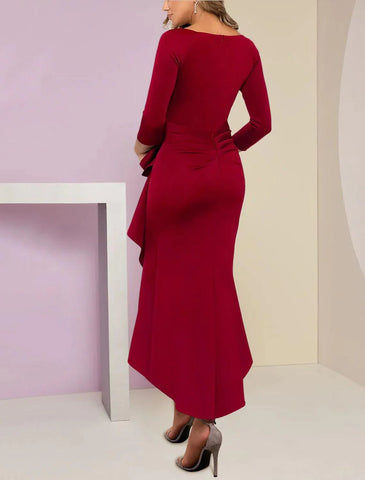 Meerjungfrau/Trompete Kleid für die Mutter der Braut, Hochzeitsgast, elegant, zierlich, U-Ausschnitt, asymmetrisch, Stretch-Stoff, lange Ärmel mit Rüschen