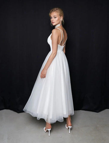 Vestidos brancos curtos para recepção, vestidos de noiva casuais, corte A, camisola, decote em V, alças finas, comprimento até ao tornozelo, vestidos de noiva de tule com cor sólida