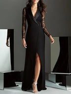 Vestido sereia/trompete para mãe da noiva, convidada de casamento no outono, elegante, com racha alta, decote em V, comprimento até ao chão, tecido elástico de renda, manga comprida com aplicações, racha frontal