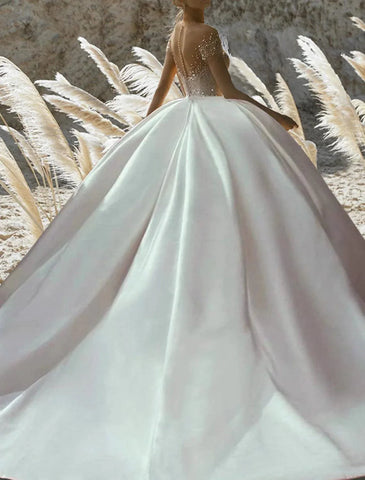Verlobungs- und formelle Brautkleider, Ballkleid, schulterfrei, kurze Ärmel, Kapellenschleppe, Satin, Brautkleider mit Volltonfarbe