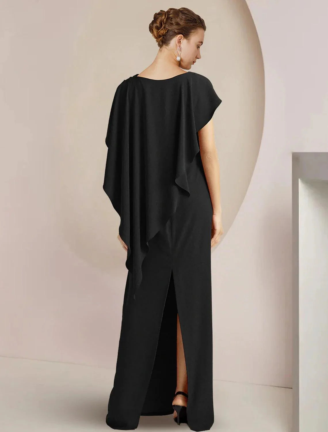 Vestido de mãe da noiva com bainha/coluna, para convidada de casamento formal, elegante, decote redondo, comprimento até ao chão, tecido elástico, sem mangas, com abertura frontal