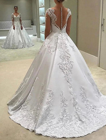 Verlobungs-Hochzeitskleider Ballkleid Schatz Langarm Hofschleppe Satin Brautkleider mit Knöpfen Applikationen