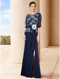 Etuikleid/Säulenkleid für die Brautmutter, Hochzeitsgast, elegant, Rundhalsausschnitt, bodenlang, Stretch-Chiffon, halbe Ärmel, mit Schlitz vorne, Rüschen, Blumenmuster