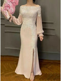 Etuikleid/Säulenkleid für die Brautmutter, Hochzeitsgast, Party, elegant, schulterfrei, bodenlang, Chiffon, Spitze, lange Ärmel mit Schlitz vorne