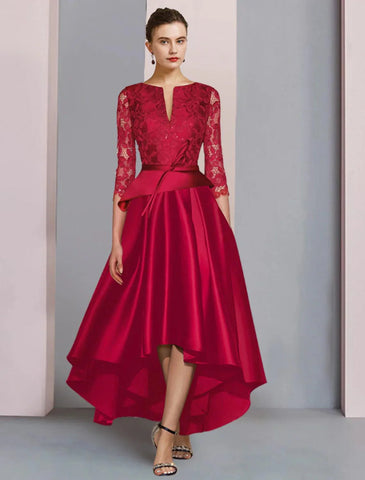 Formeller Hochzeitsgast, elegante Party, hoch, niedrig, U-Ausschnitt, asymmetrisch, knielang, Satin, Spitze, 3/4-Ärmel, mit Schleife(n), Falten, Kleid für die Brautmutter