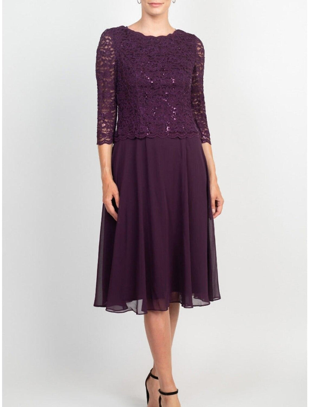 Vestido de mãe da noiva em linha A da Numbersea, elegante, pequeno, com decote em joia, comprimento até ao joelho, chiffon, renda, manga 3/4 com pregas e lantejoulas