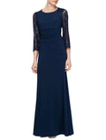 Etuikleid/Säulenkleid für die Brautmutter, Hochzeitsgast, elegant, U-Ausschnitt, bodenlang, Chiffon, Spitze, 3/4-Ärmel, mit Pailletten, Rüschen, einfarbig