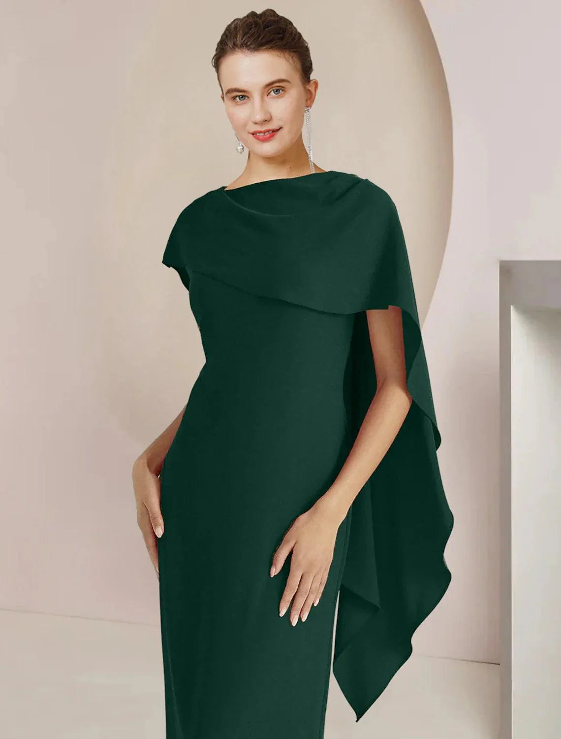 Vestido de mãe da noiva com bainha/coluna, para convidada de casamento formal, elegante, decote redondo, comprimento até ao chão, tecido elástico, sem mangas, com abertura frontal