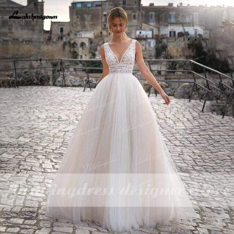 NumberSea Sommer Strand A-Linie Prinzessin Brautkleider V-Ausschnitt