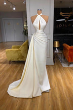 Ivory Long Halter Mermaid Satin Evening Dress