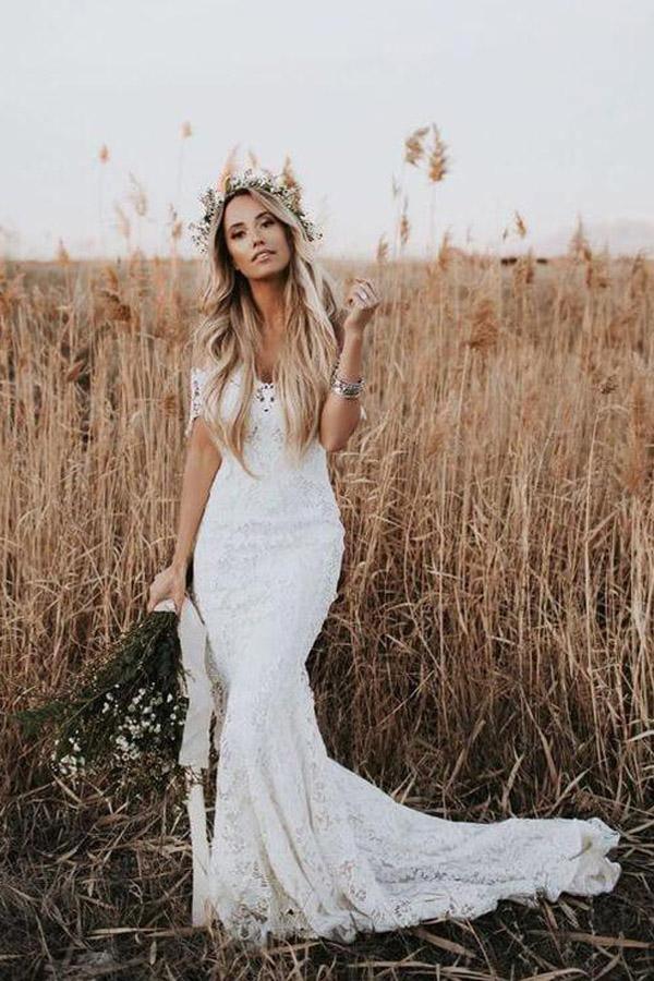 Elfenbein Meerjungfrau-Spitzen Brautkleider mit Ausschnitt Strand-Brautkleid